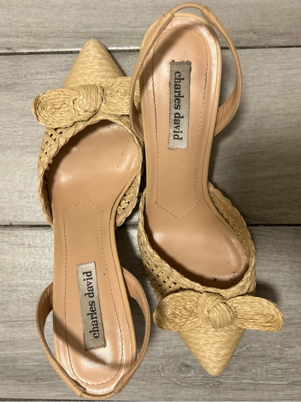 Charles David Natural Raffia Pointed Bow Slingback Heels - Picture 4 of 7